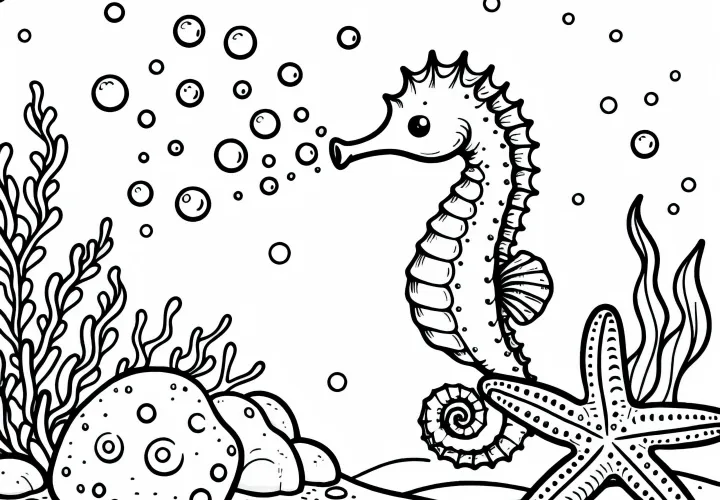 Kôprové koníky vyfukujú malé bublinky vedľa morských hviezd - zdarma omalovánka