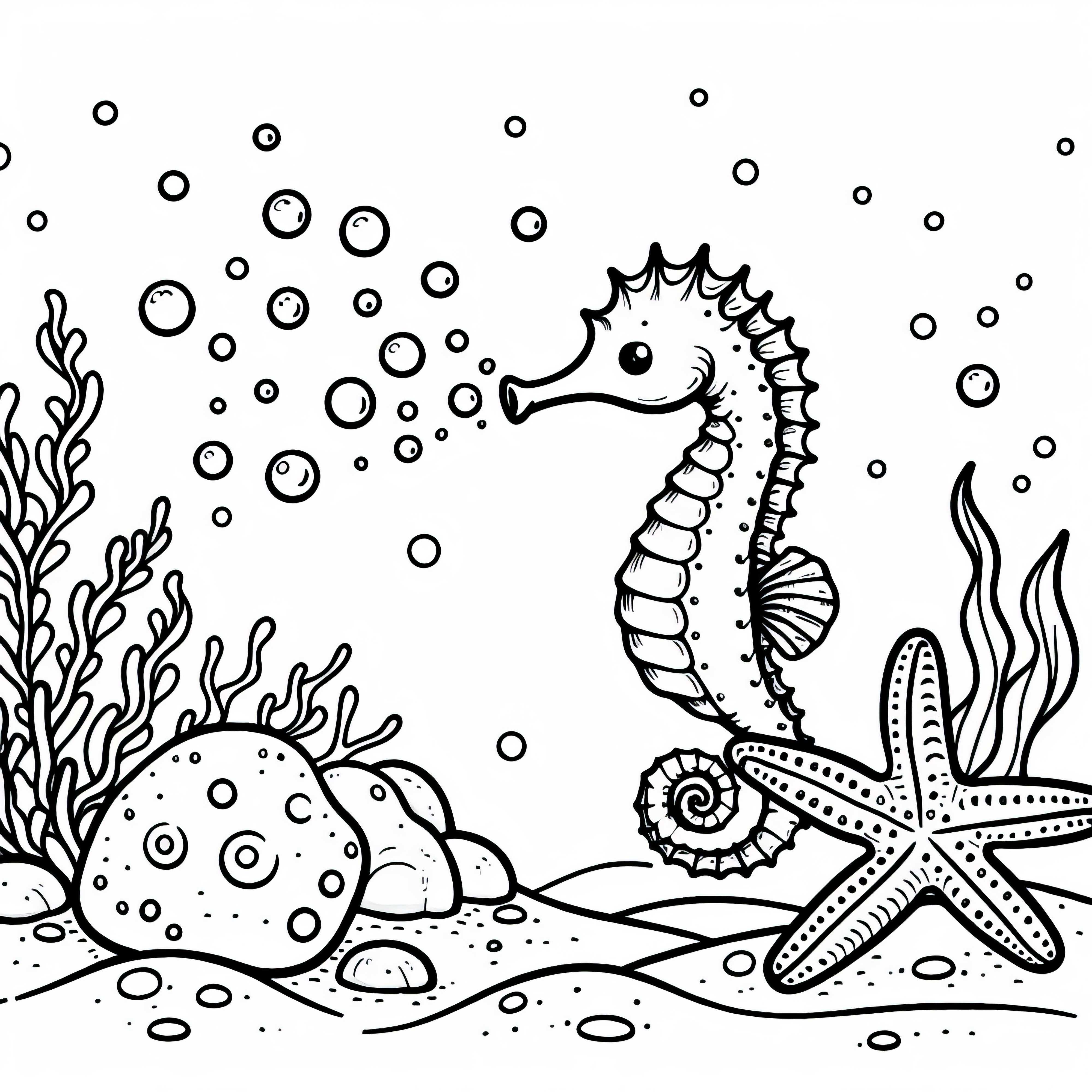 Sea koník fúka malé vzduchové bubliny vedľa morskej hviezdice – sfarbenie obrázku zadarmo
