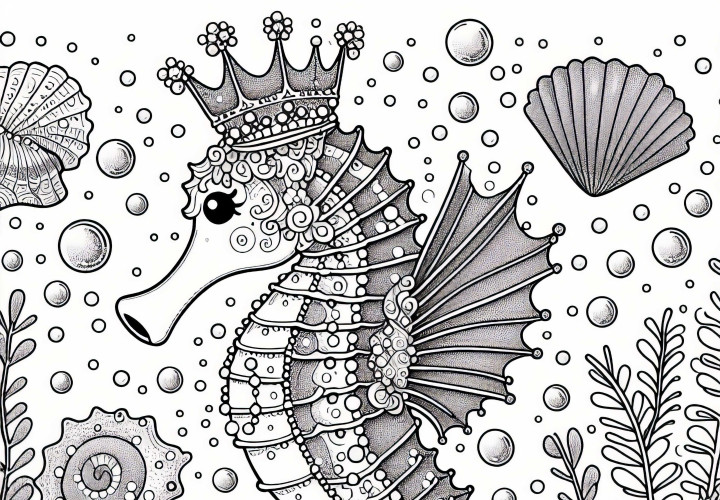 Фантазийная морская коняшка с короной - бесплатная раскраска
