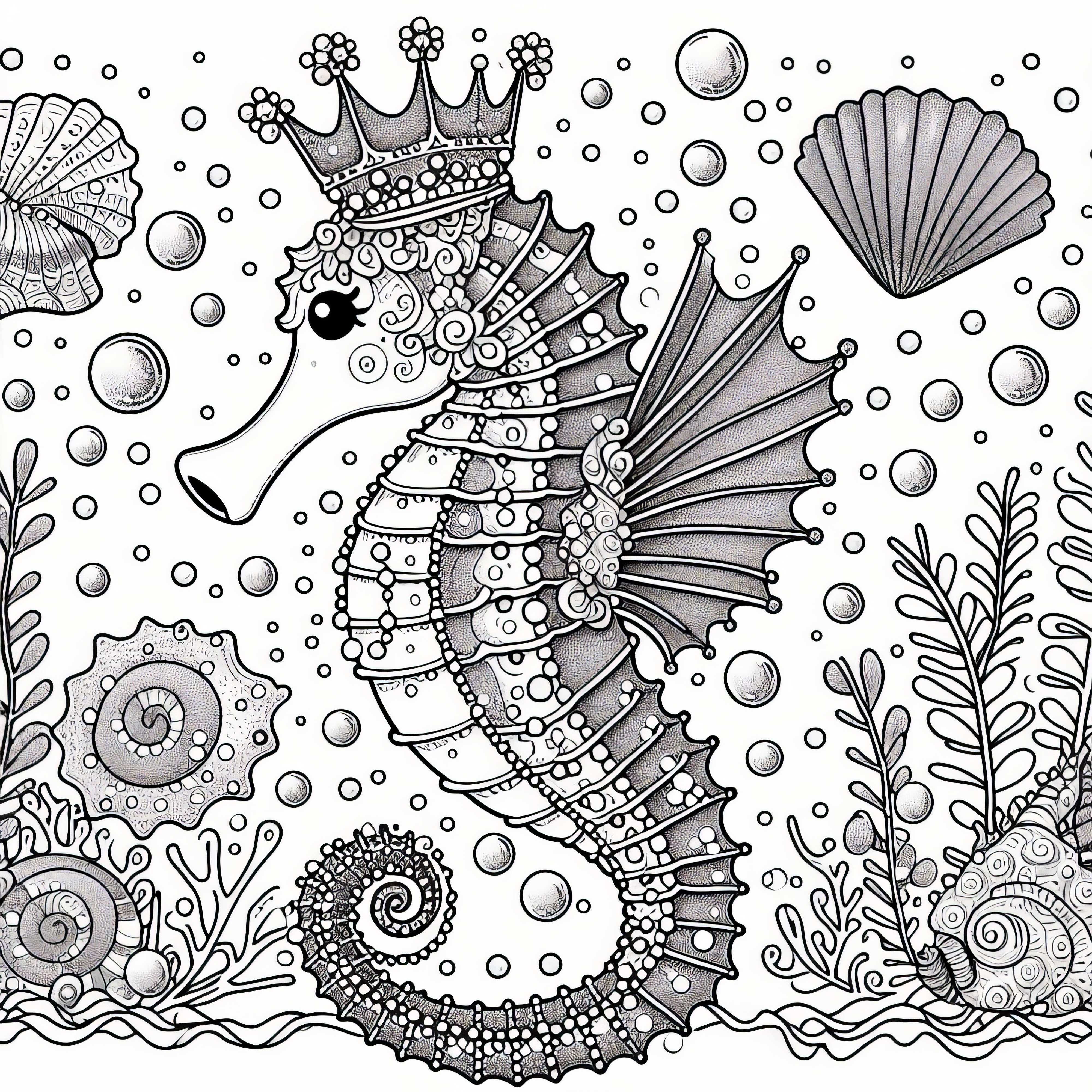 Fantasijný koník morský s korunou - obrázok na vymaľovanie zadarmo