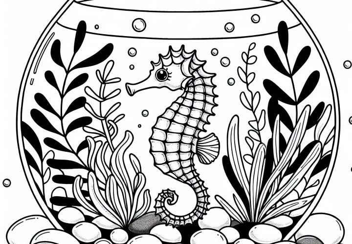 Морская лошадка в аквариумном стекле с камнями и растениями – раскраска бесплатно
