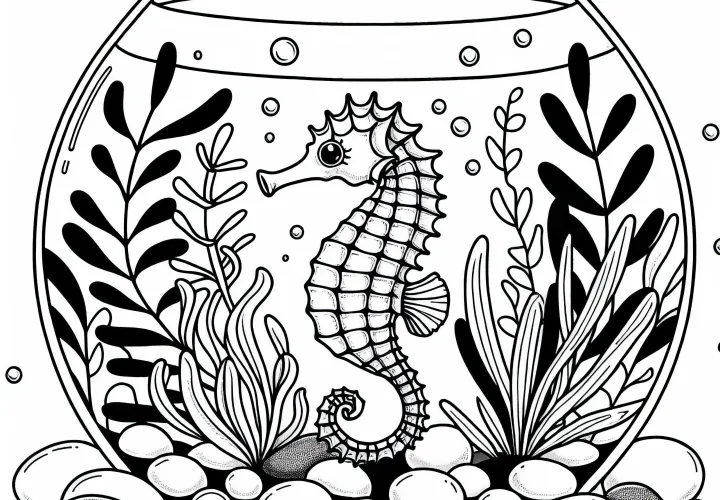Morské koníky v akváriu s kameňmi a rastlinami – Bezplatná predloha na vymaľovanie
