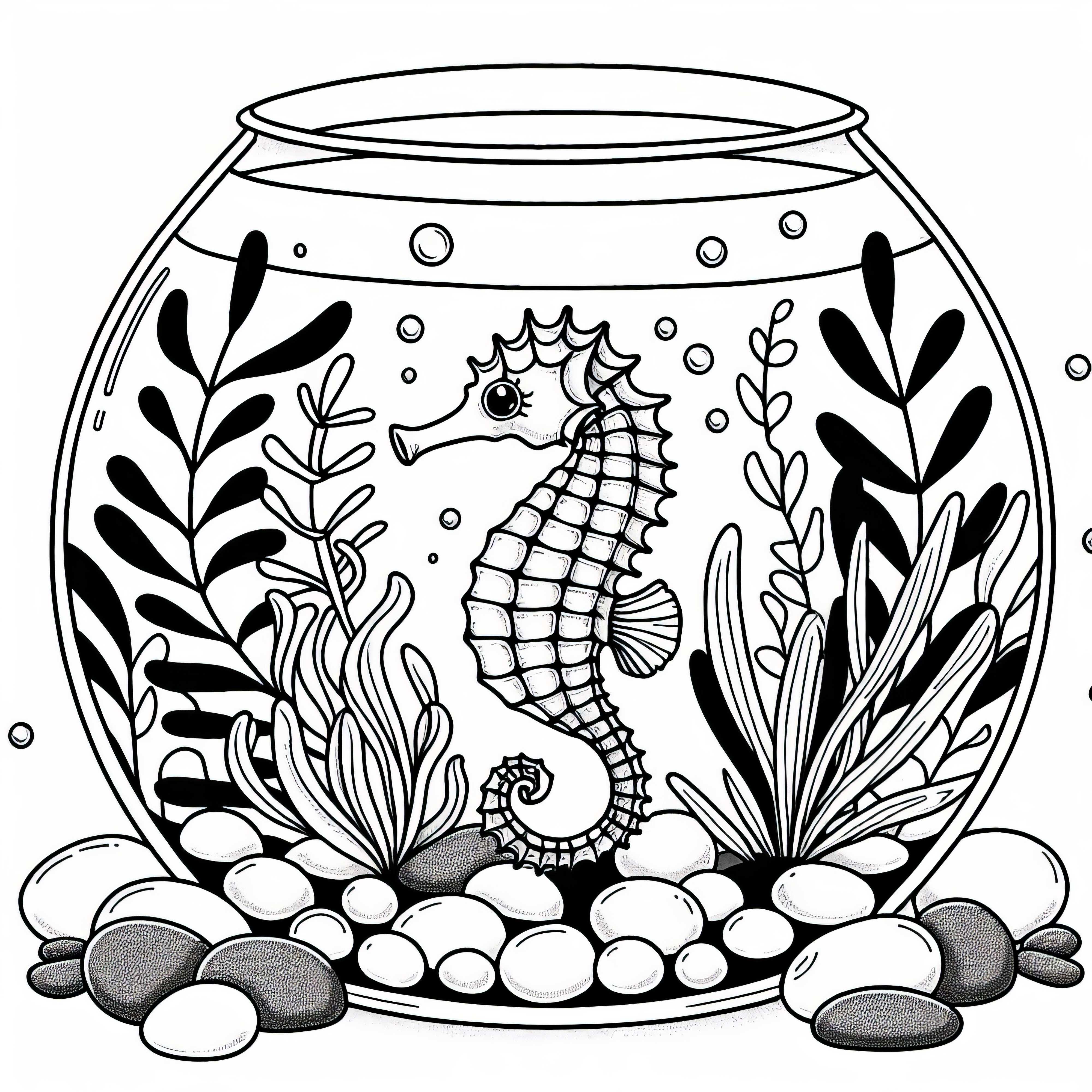 Morské koníky v akváriovom skle s kameňmi a rastlinami – bezplatná vymaľovávacia predloha Hipposov v akváriovej nádobe s kameňmi a rastlinami – bezplatná maľovacia šablóna