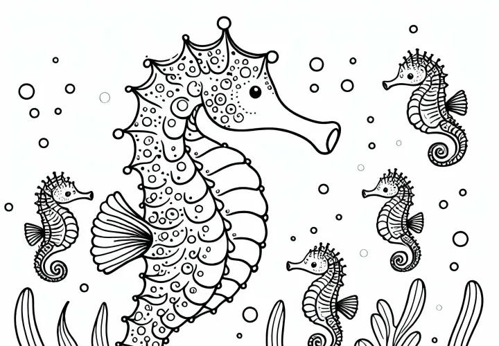 Bábätká-hippocampus sa hrajú okolo veľkého rodičovského zvieraťa – bezplatná vymaľovanka