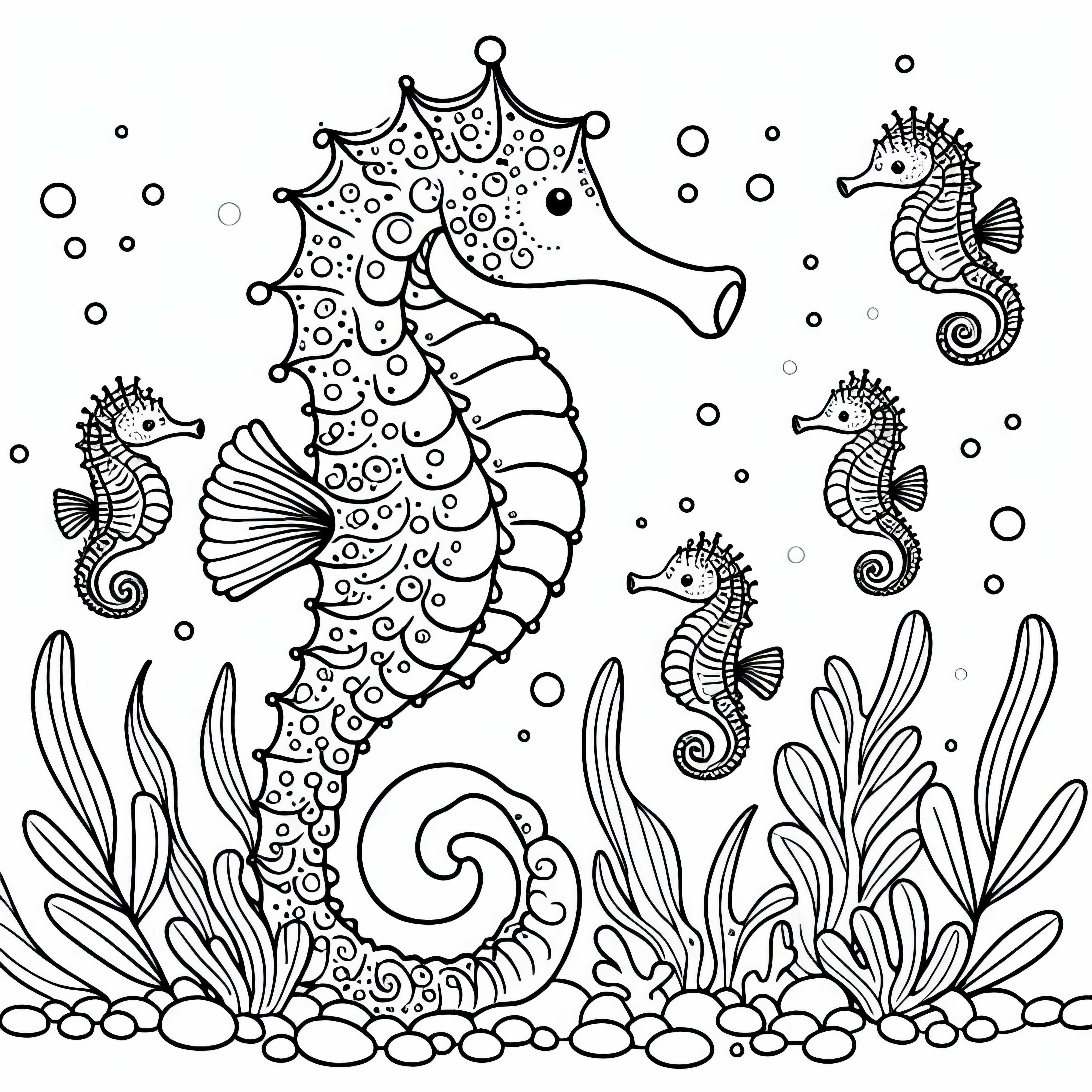 Bábätká-poníky sa hrajú okolo veľkého rodičovského zvieraťa – zadarmo omalovánka Detské seahorse sa hemžia okolo veľkého rodiča – bezplatná maľovacia predloha