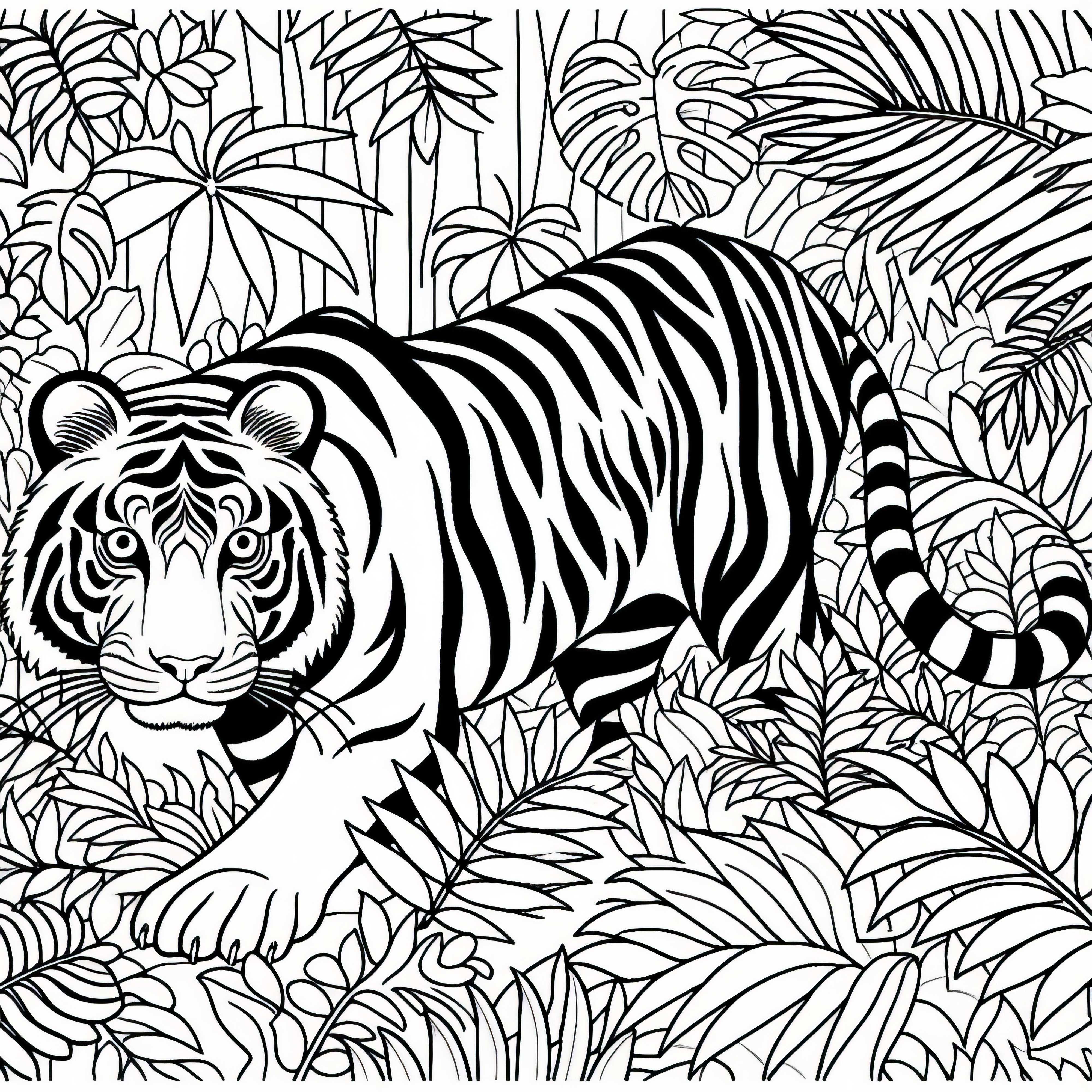 Tygr v džungli: obrázek k vybarvení zdarma Tygr v džungli: zdarma omalovánka