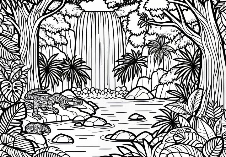 Waterfall in the jungle: free coloring page