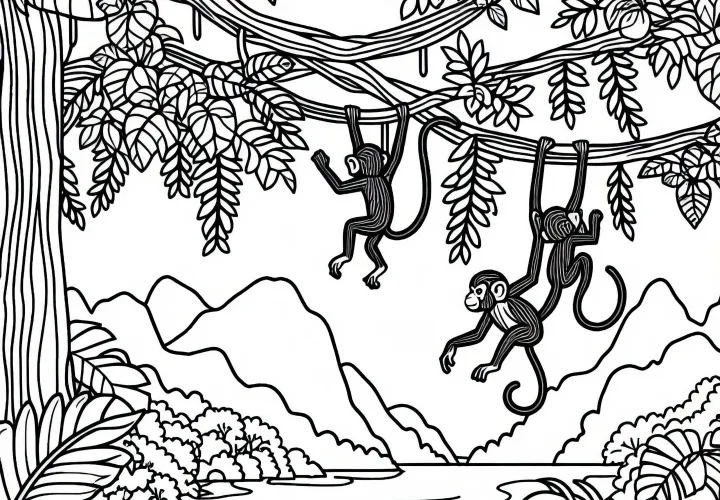 Monkeys in the jungle on vines: free coloring page