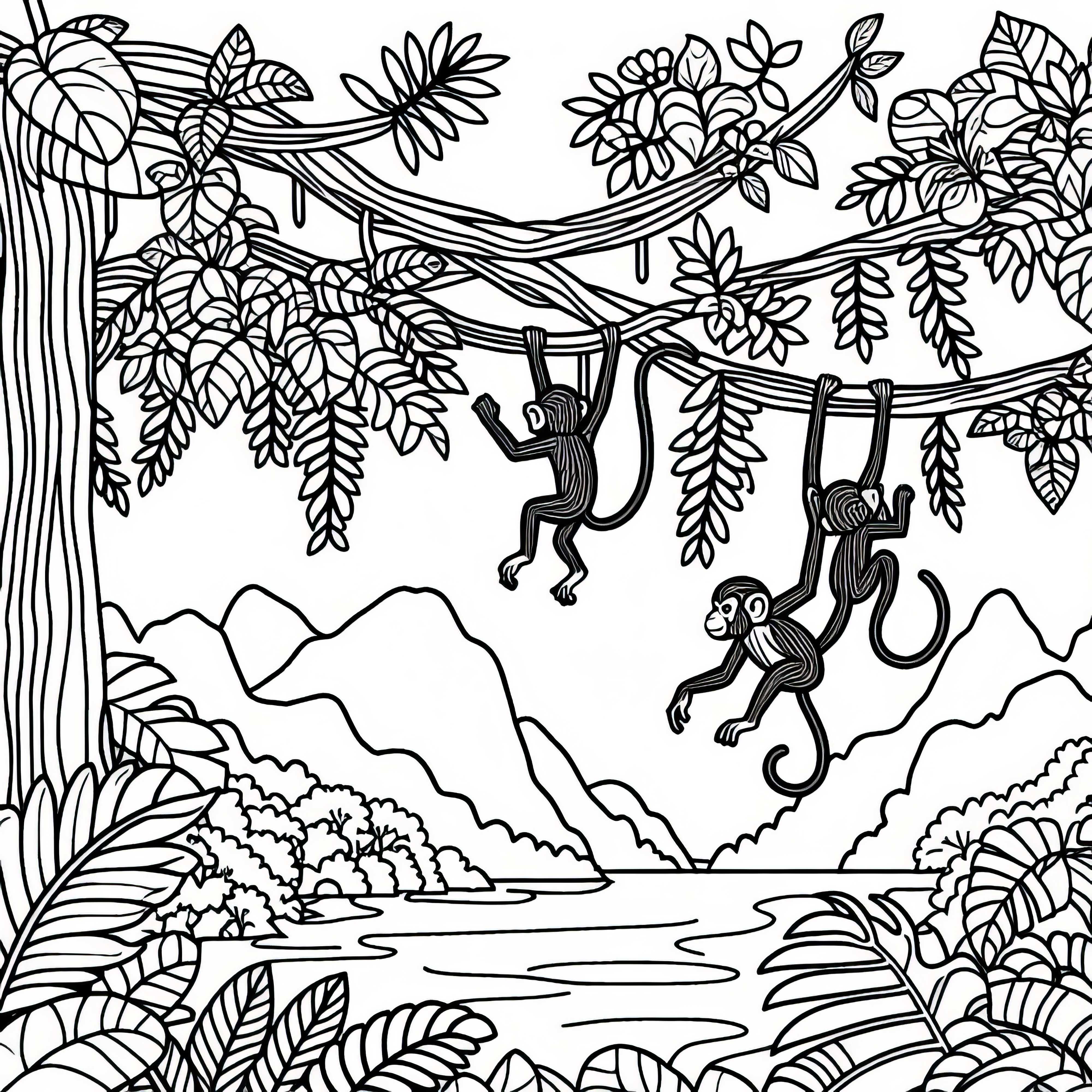 Monkeys in the jungle on vines: free coloring page Monkeys in the jungle on vines: free coloring page