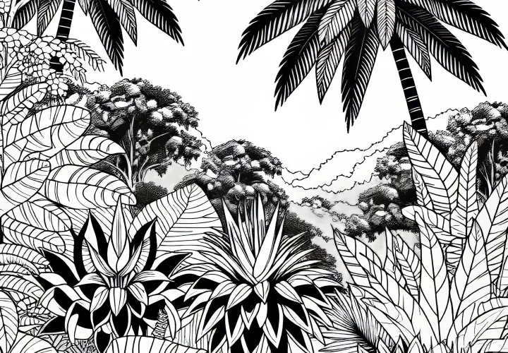 Exotic plants in the jungle: free coloring page