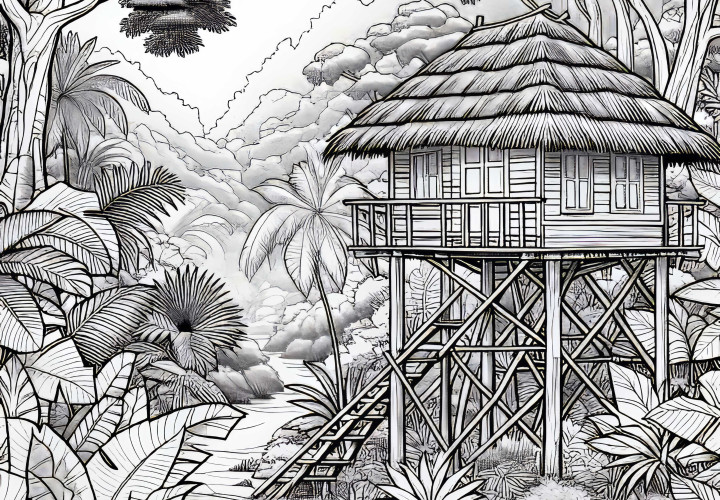Cabane dans la jungle sur pilotis : dessin à colorier gratuit