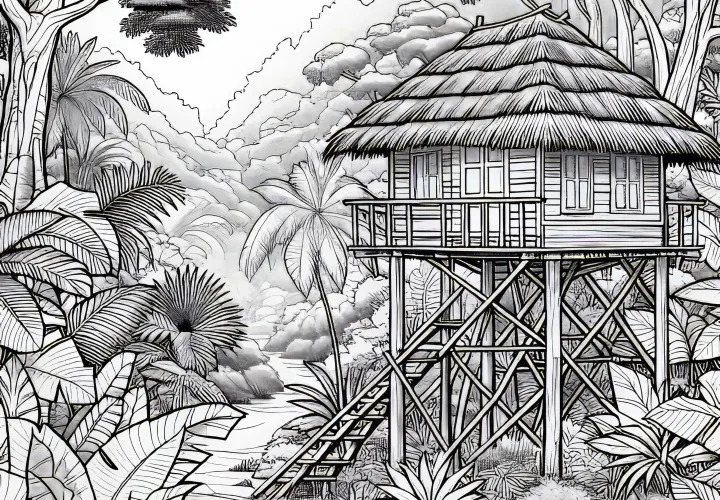 Jungle hut on stilts: free coloring page