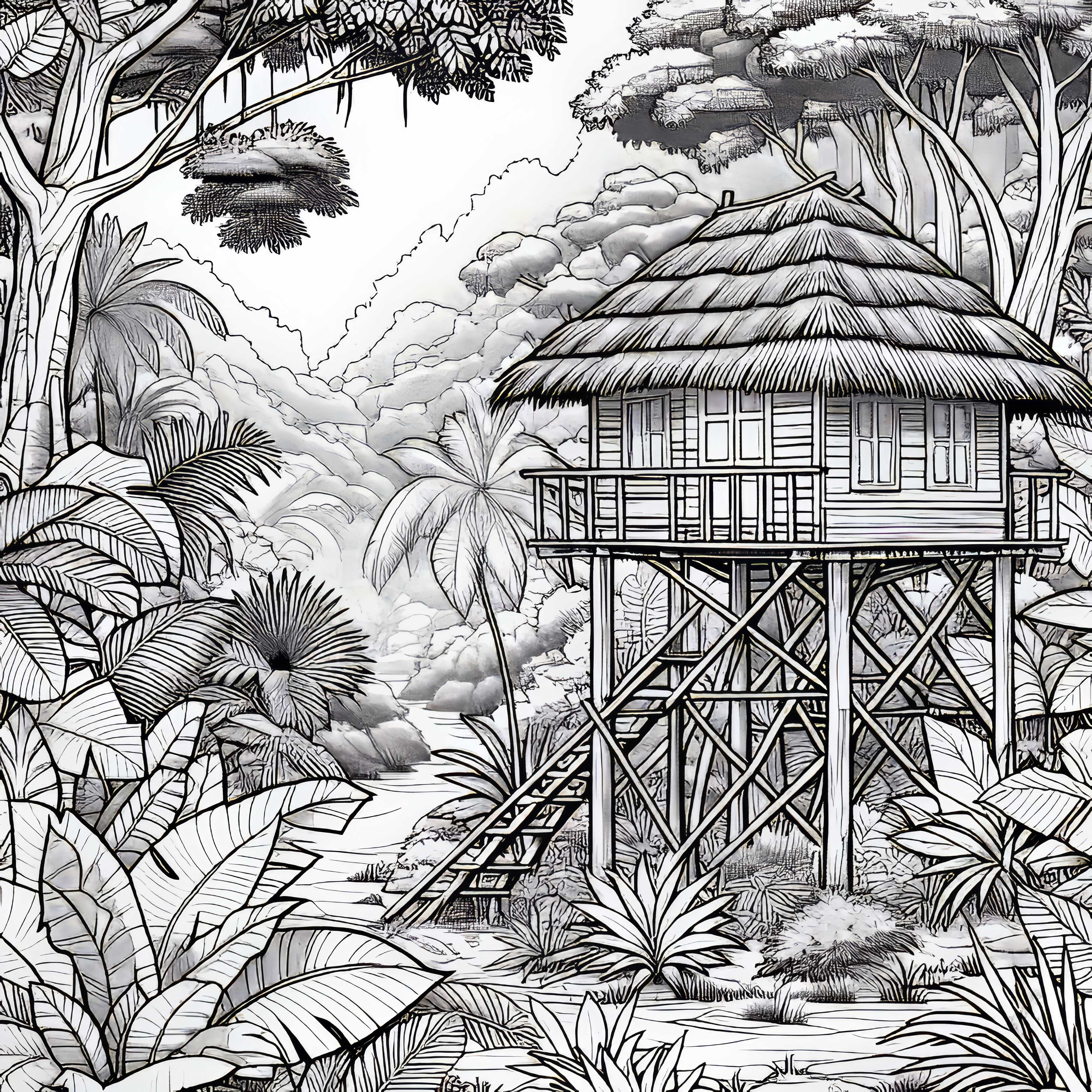 ジャングルの高床式小屋：無料塗り絵