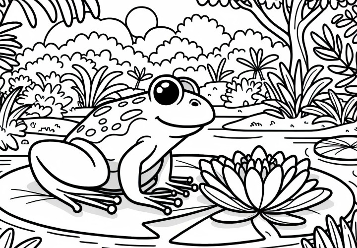 Grenouille sur nénuphar dans la jungle : image à colorier gratuite