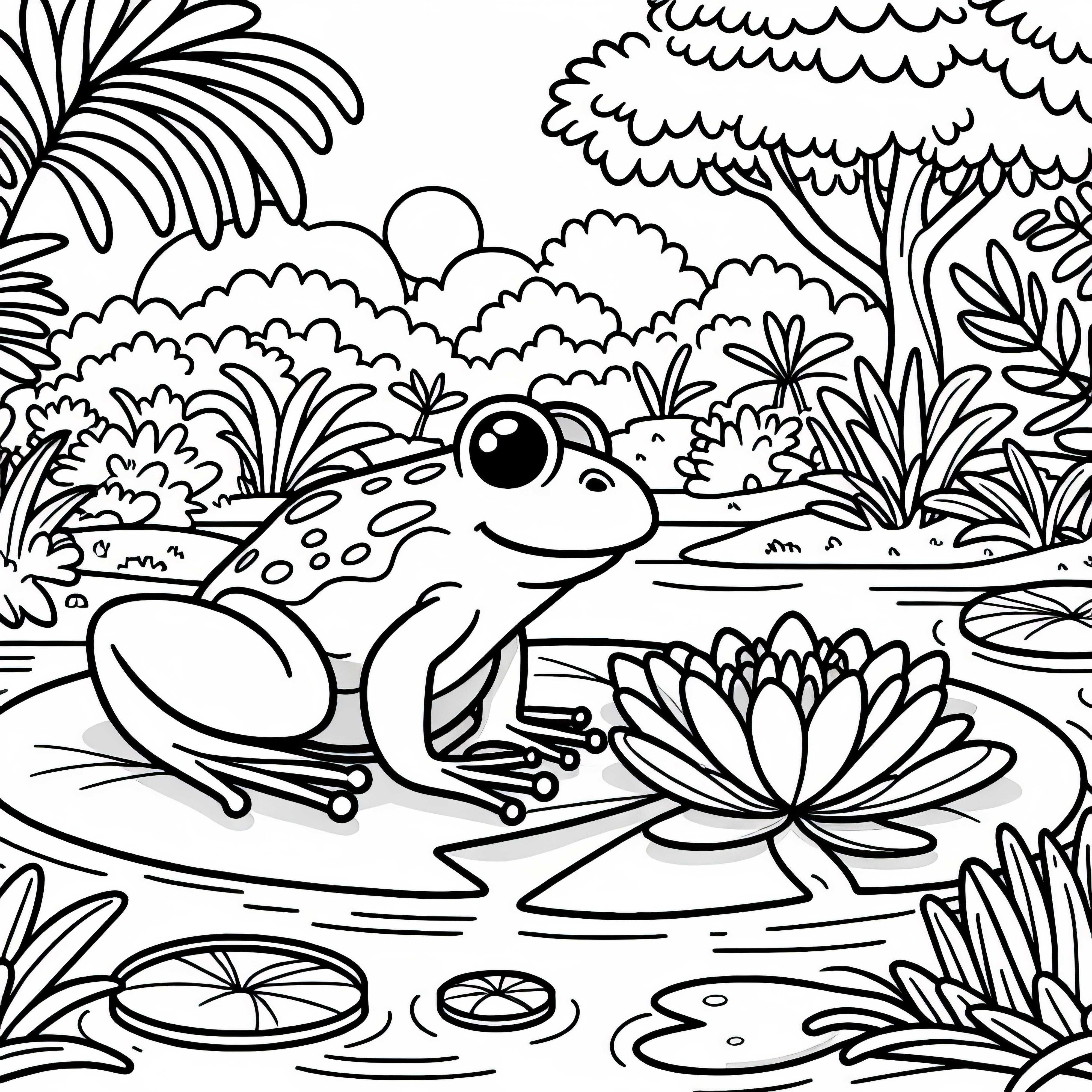 Frog on lily pad in the jungle: free coloring page Frog on water lily in the jungle: free coloring page