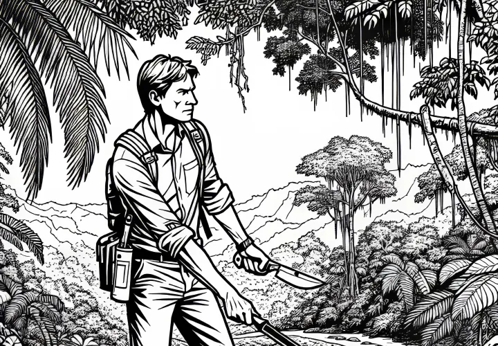 Researchers with machete in the jungle: free coloring page