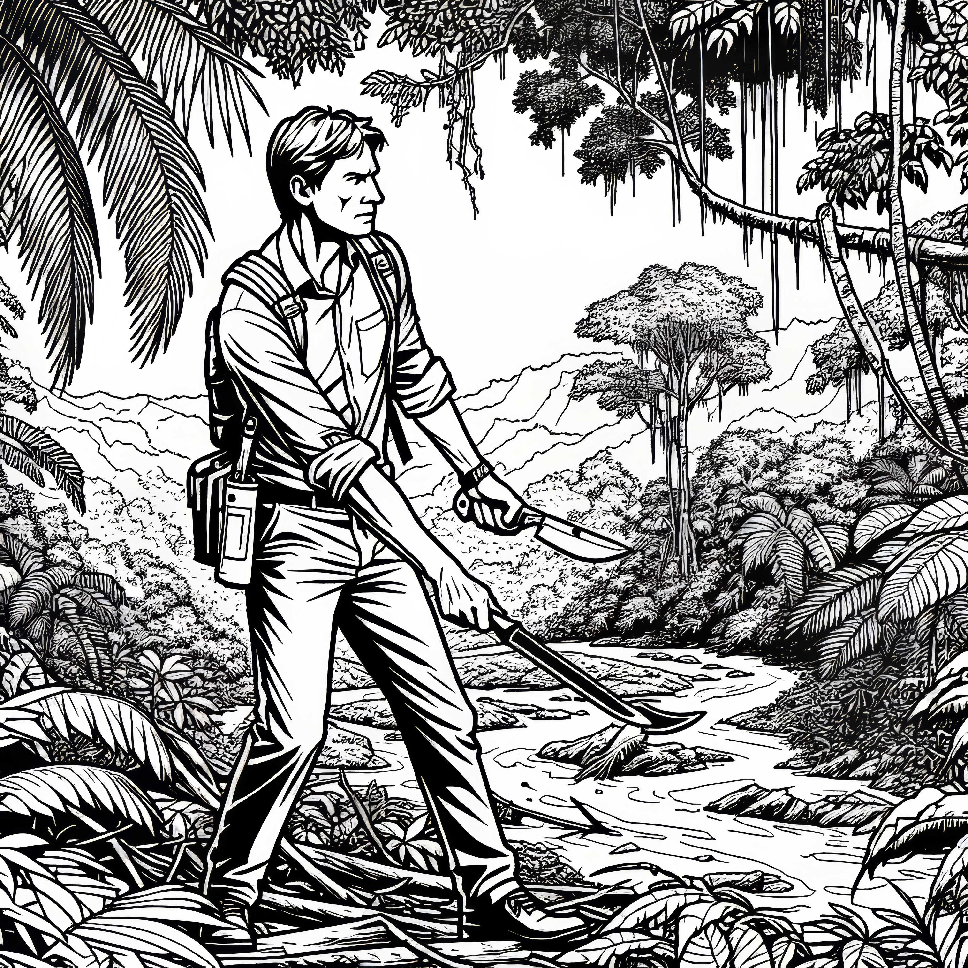 Researchers with machete in the jungle: free coloring page Researchers with a machete in the jungle: free coloring page