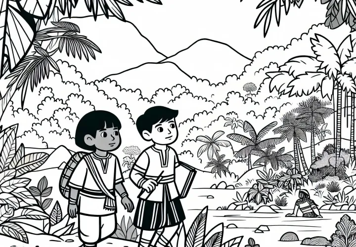 Children explore the jungle: free coloring page