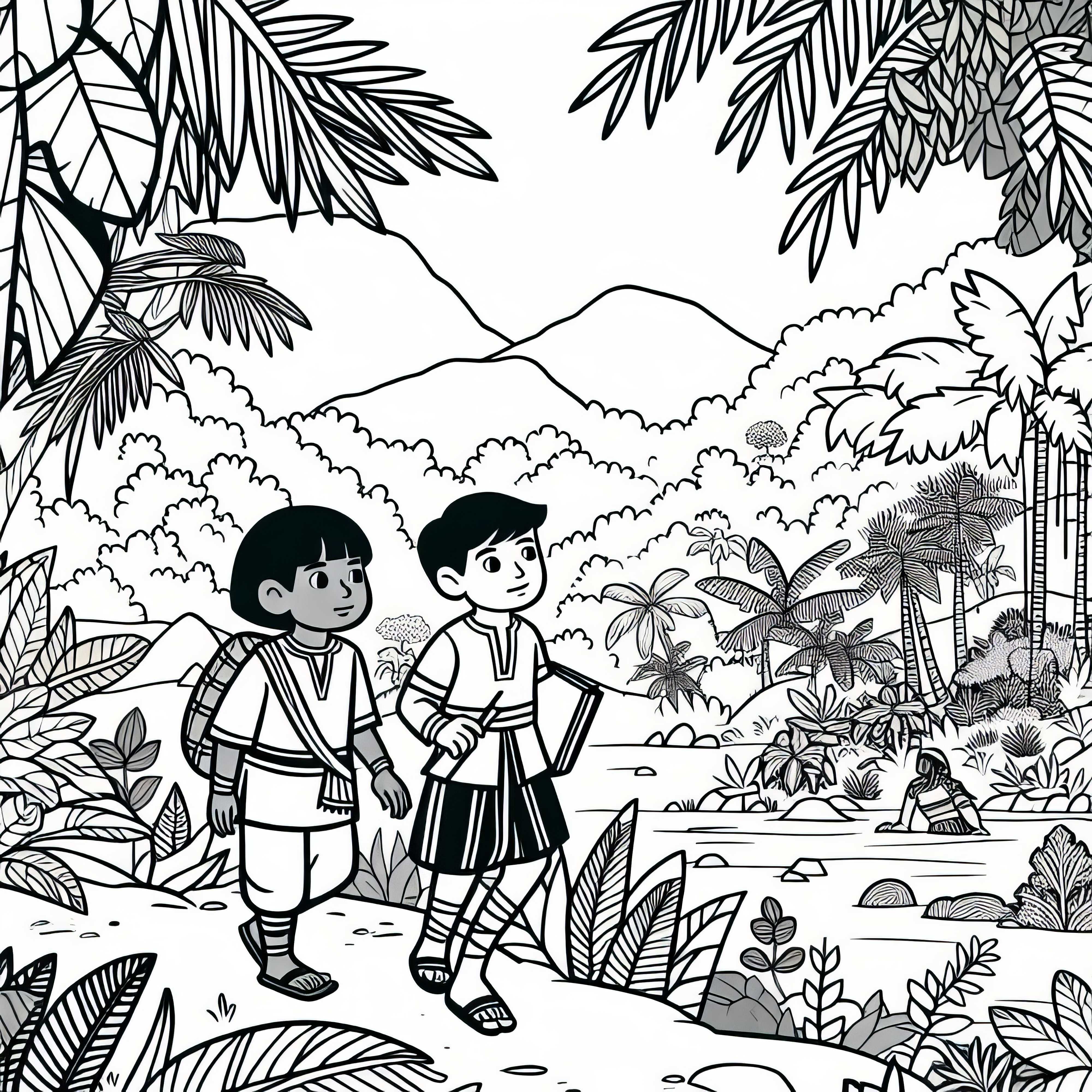 Children explore the jungle: free coloring page Children explore the jungle: free coloring page