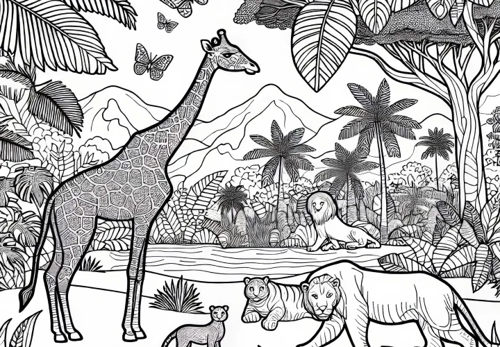 Exotic jungle animals: free coloring page