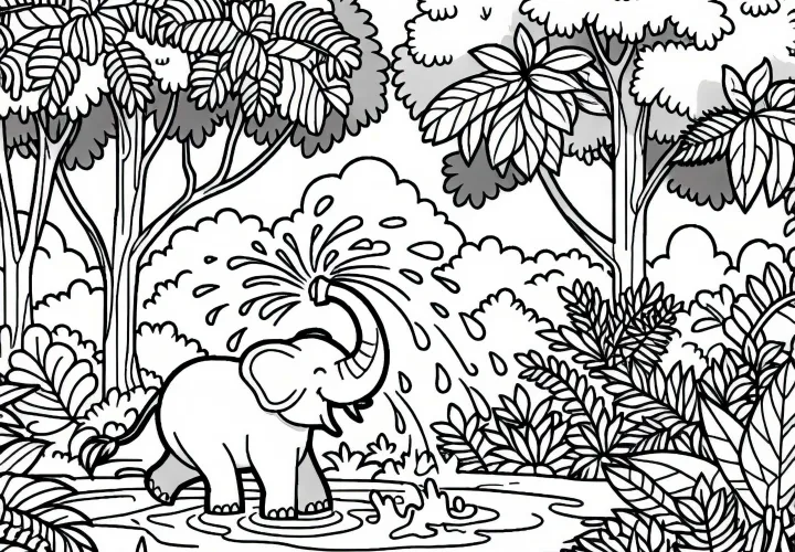 Jungle coloring picture: Elephant squirting water