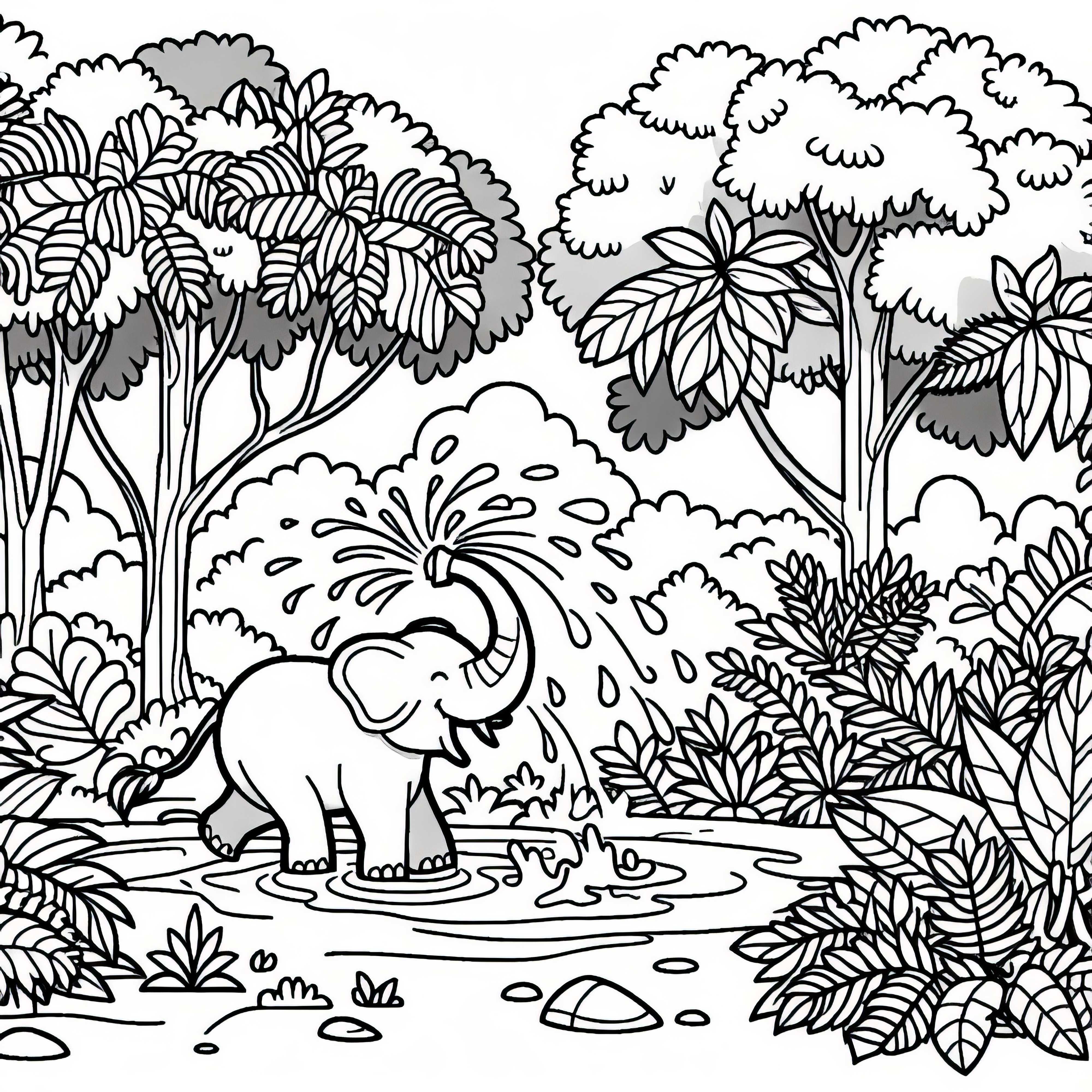 정글 색칠공부: 코끼리가 물을 뿌리고 있다 정글 색칠하기: 코끼리가 물을 뿌리고 있다