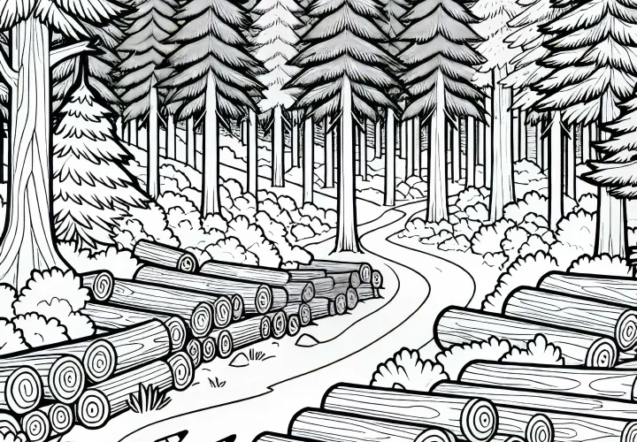 Lumberjack path in the dense coniferous forest: free coloring page