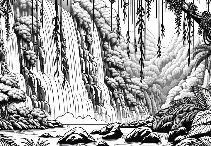 Tropical waterfall among vines in the jungle forest