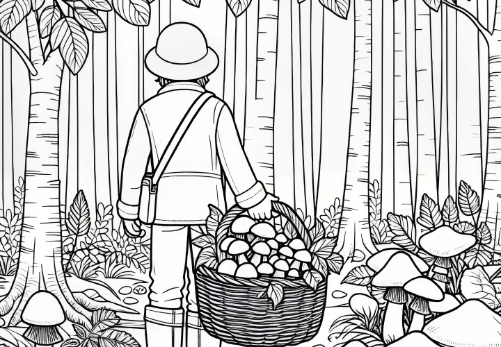 Mushroom collectors in the autumn forest: free coloring template