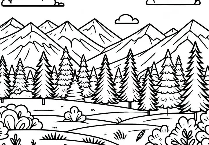 Forest with coniferous trees: free coloring page
