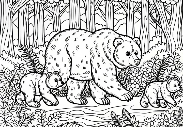 Bear mother with cubs in the forest: free coloring template