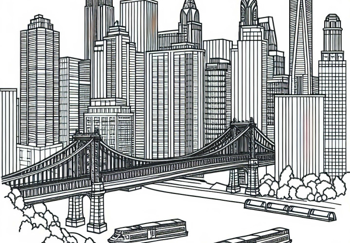 Horizonte de una ciudad con rascacielos: dibujo para colorear gratis Horizonte de una ciudad con rascacielos: imagen para colorear gratuita