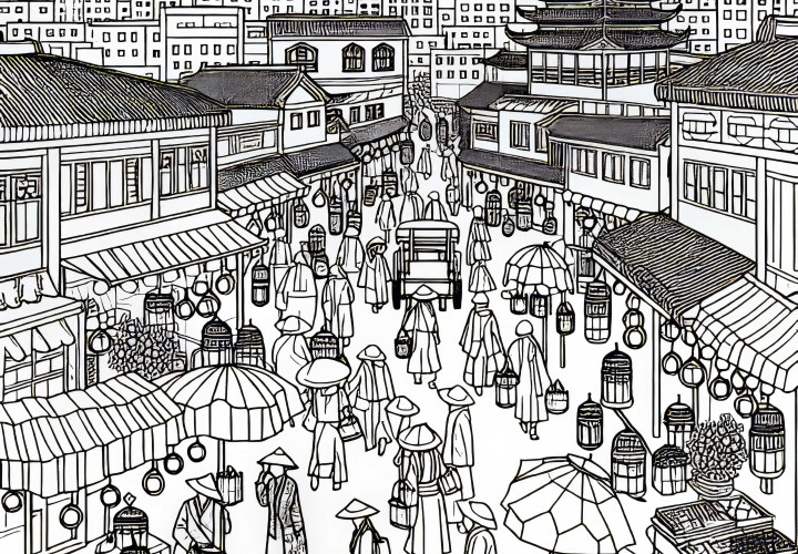 Mercado en la ciudad: imagen para colorear gratuita Mercado en la ciudad: dibujo para colorear gratuito