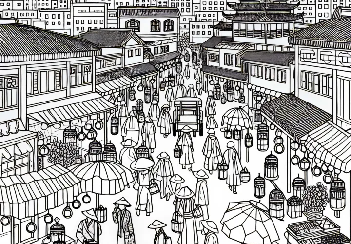 Market in the city: free coloring page