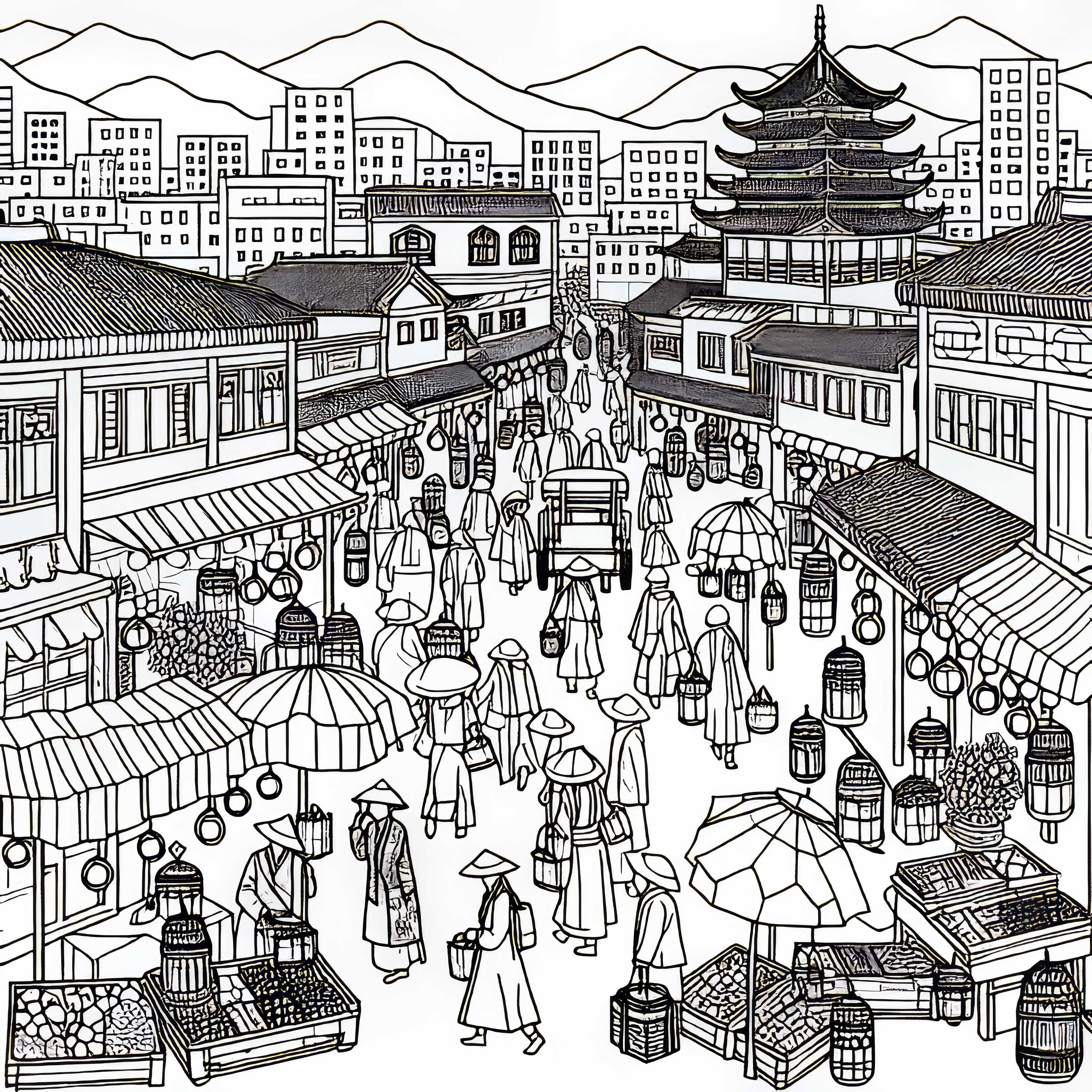 Mercado en la ciudad: imagen para colorear gratis