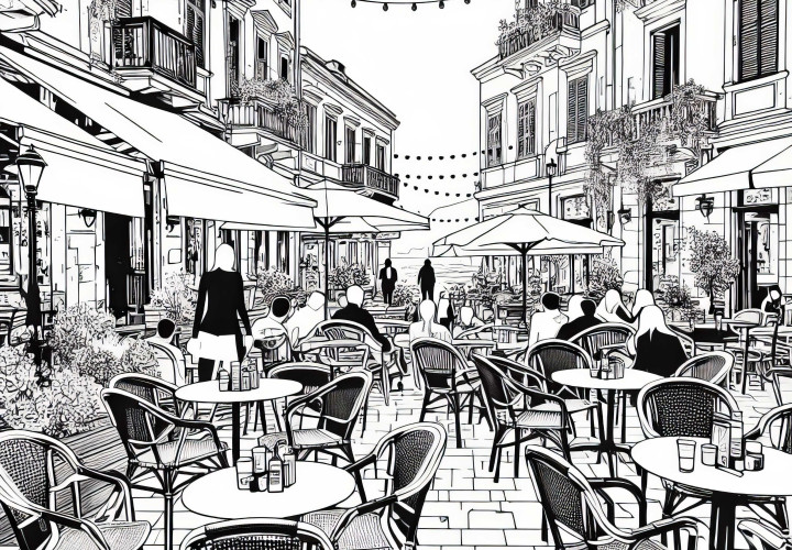 Cafetería en la calle: plantilla de colorear gratuita Cafetería en la ciudad: plantilla de coloración gratuita
