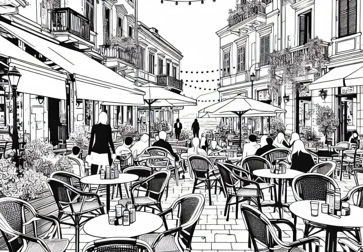 Street café in the city: free coloring page