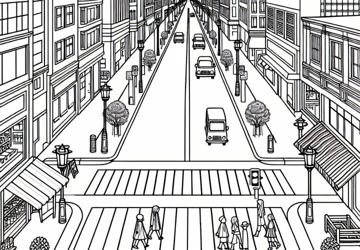 Dibujo para colorear: Zona peatonal en la ciudad Dibujo para colorear: Zona peatonal en la ciudad