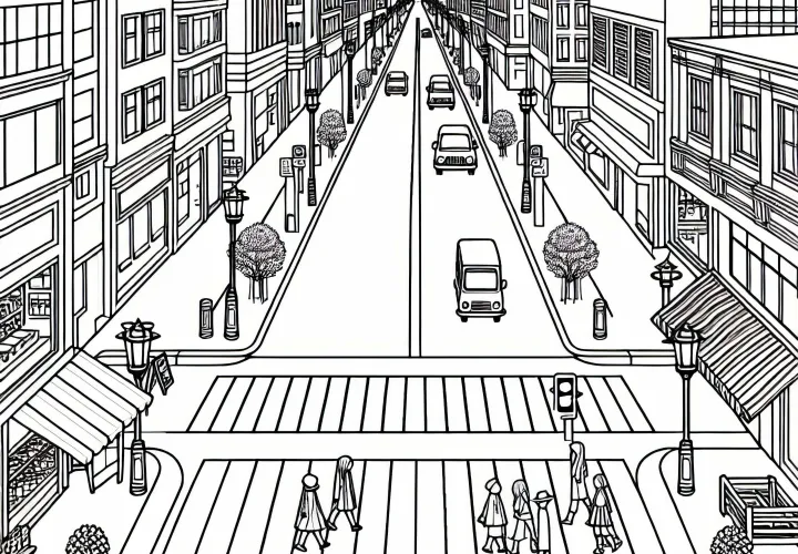 Coloring page: Pedestrian zone in the city