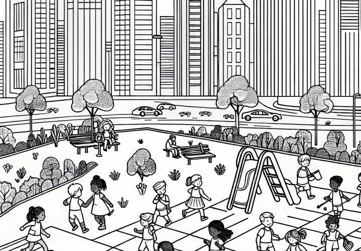 Los niños juegan en el parque infantil de la ciudad: plantilla de dibujo gratis Niños juegan en el parque de la ciudad: plantilla de dibujo gratuita