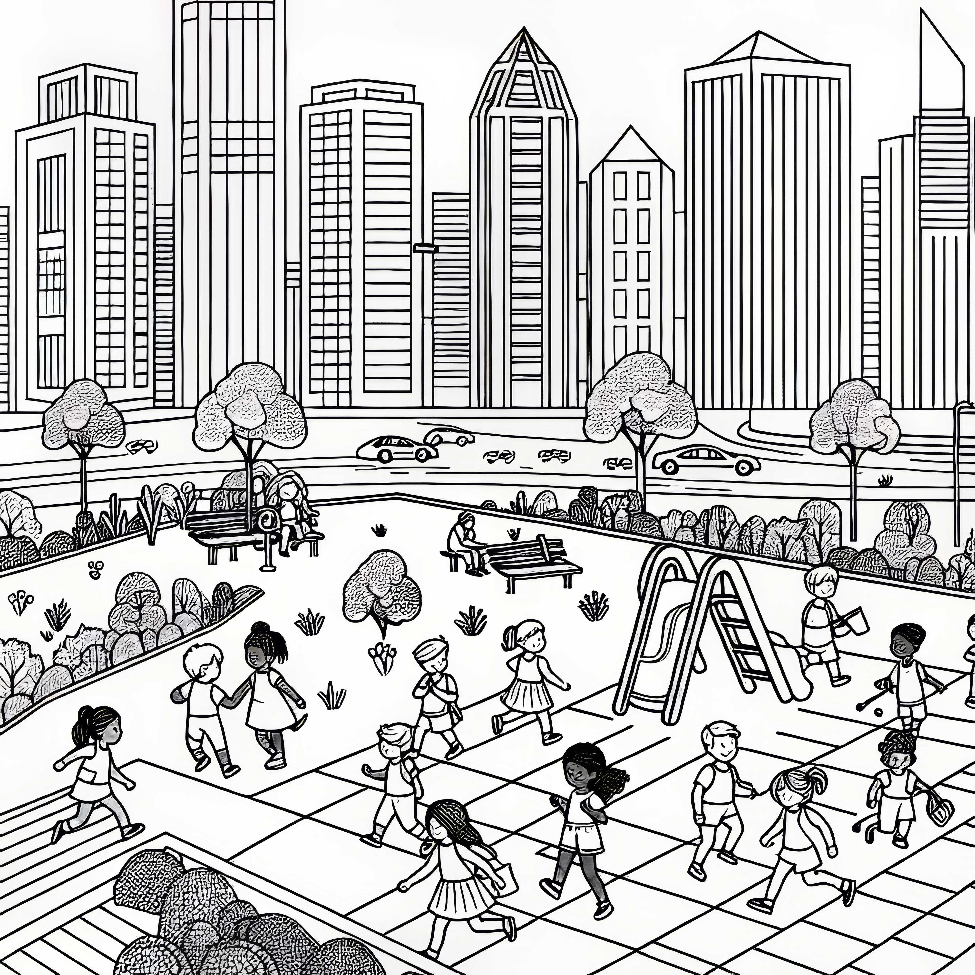 Niños jugando en el parque de la ciudad: plantilla para colorear gratis