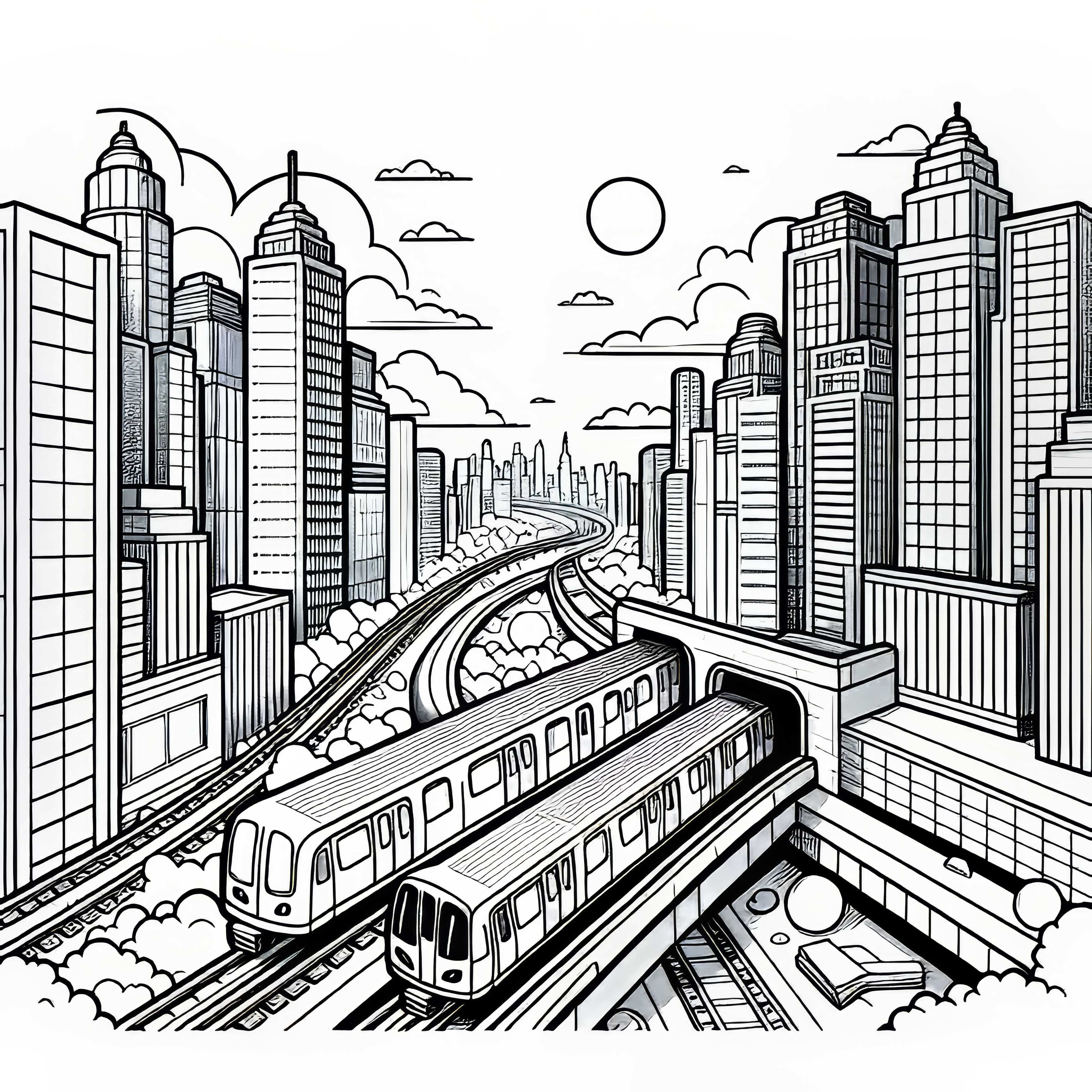 El metro sale del túnel: imagen de la ciudad para colorear