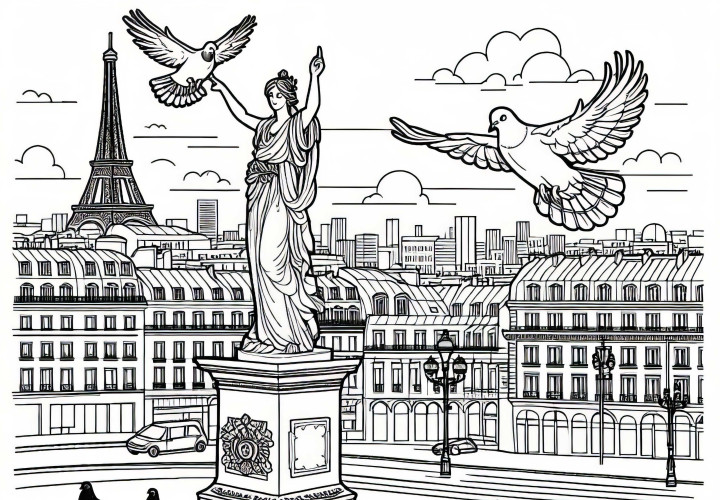 Dibujo para colorear de la ciudad con estatua (gratis) Dibujo para colorear de la ciudad con estatua (gratis)