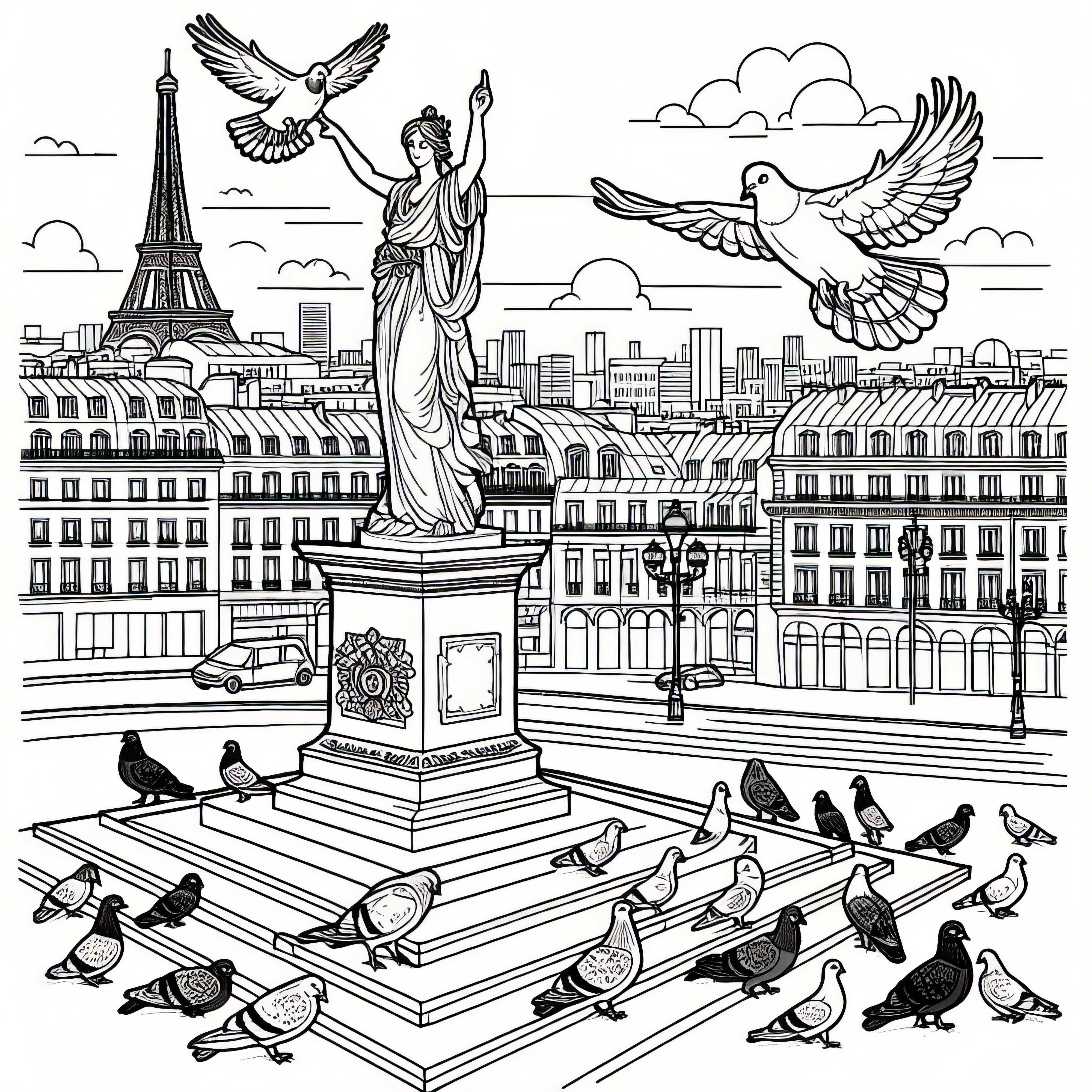 Imagen para colorear de la ciudad con estatua (gratis)