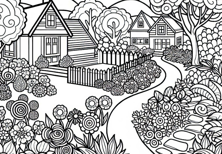 Caminhos de jardim sinuosos com canteiros de flores - Modelo para colorir grátis