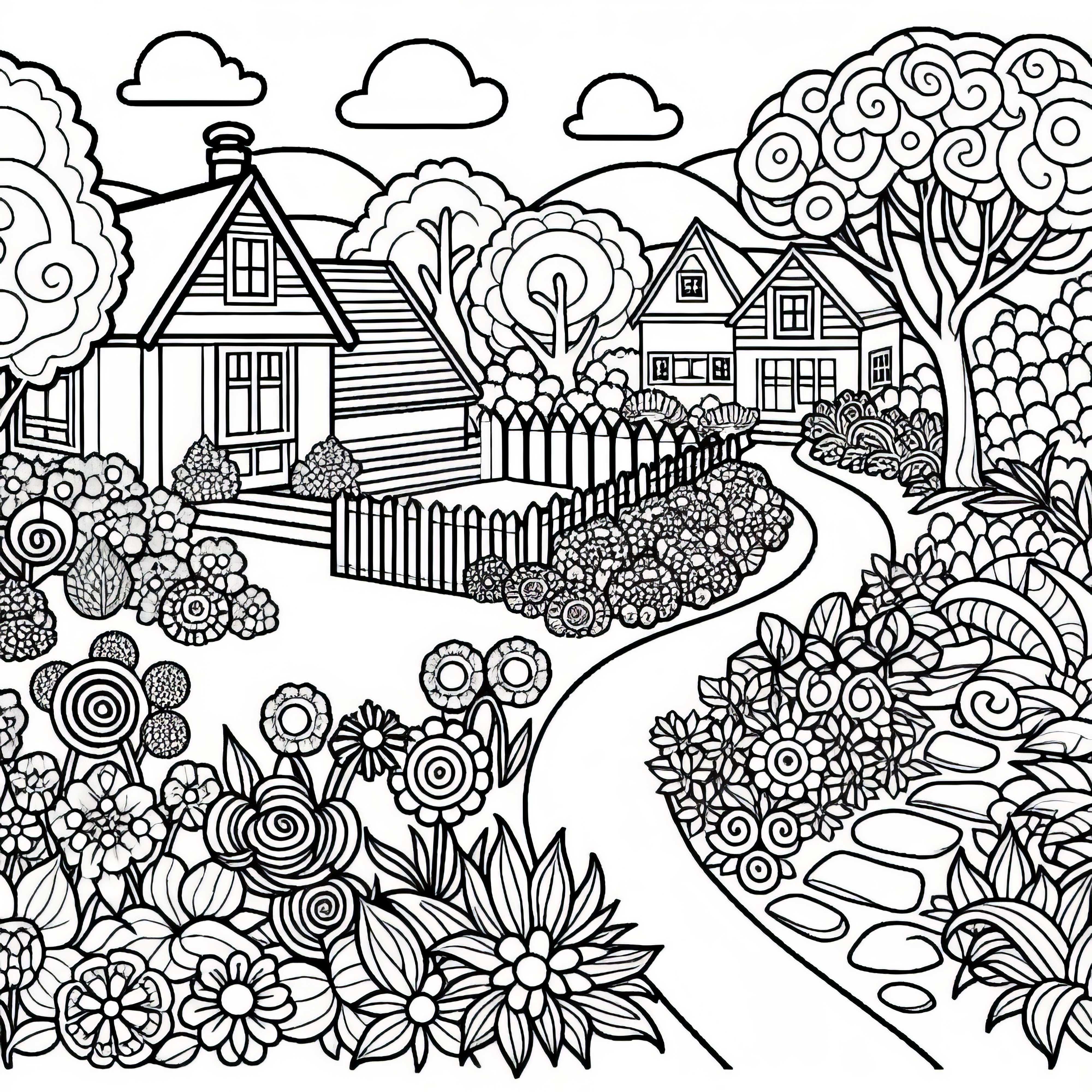 Caminhos de jardim sinuosos com canteiros de flores - Molde para colorir Grátis