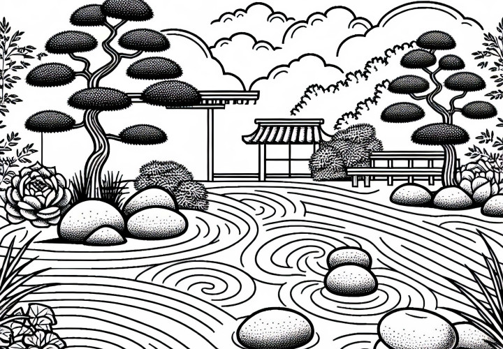 Jardim Zen japonês com padrões de areia e pedras - Modelo para colorir grátis