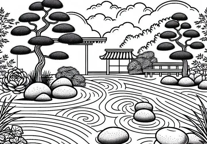 Japanese Zen garden with sand patterns and stones - free coloring page