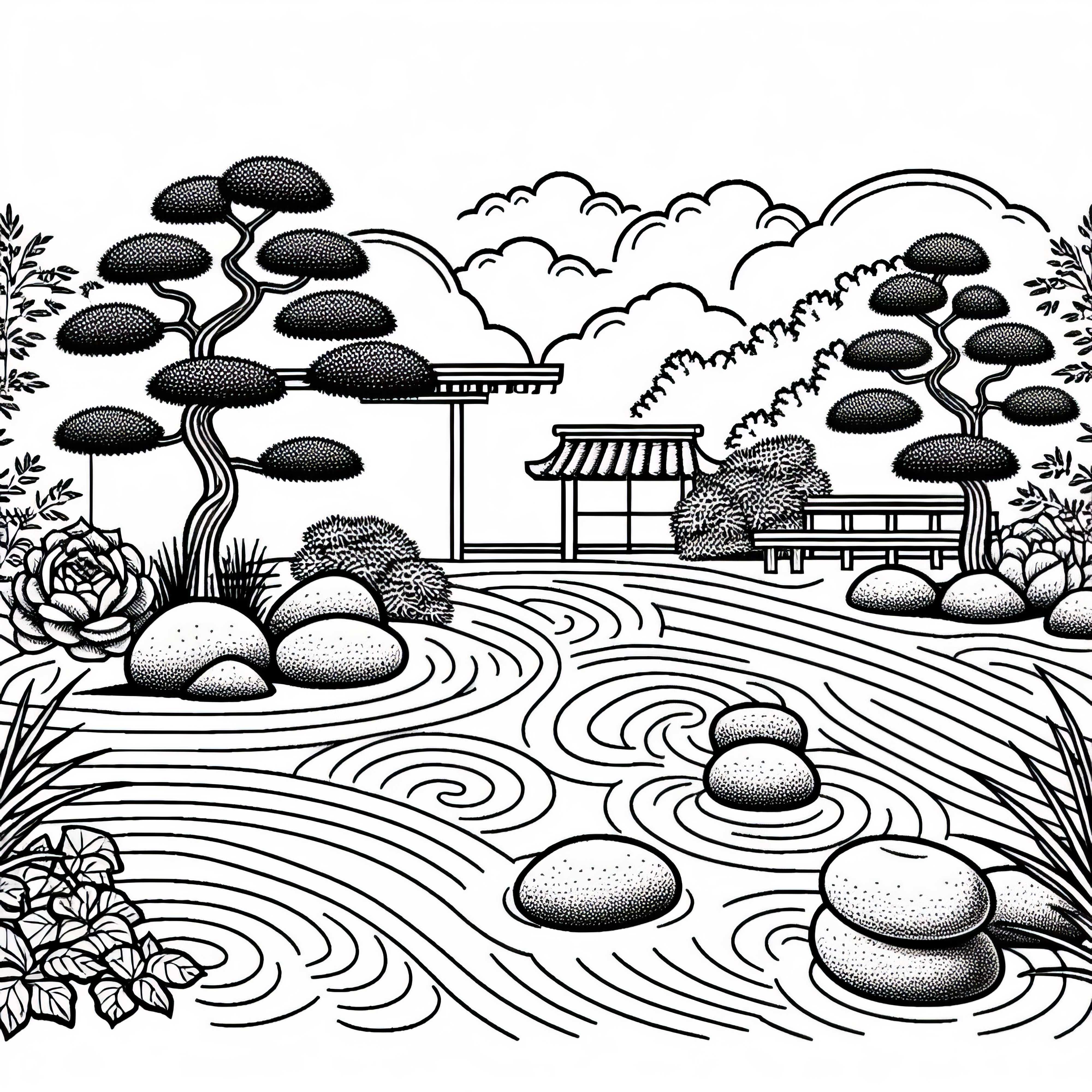 Jardim Zen japonês com padrões de areia e pedras - Desenho para colorir grátis