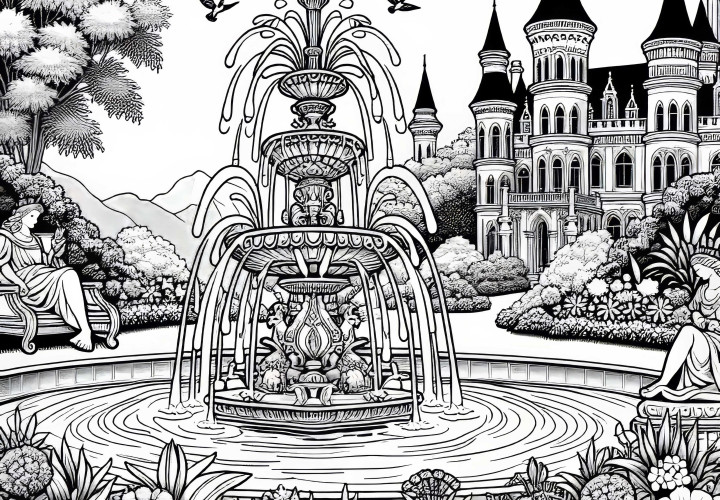 Jardim do castelo com fonte como imagem para colorir - Download gratuito